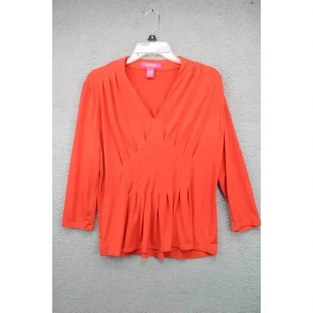 Catherine MaLandrino Orange Pleated Blouse-Size Large-3/4 Sleeves